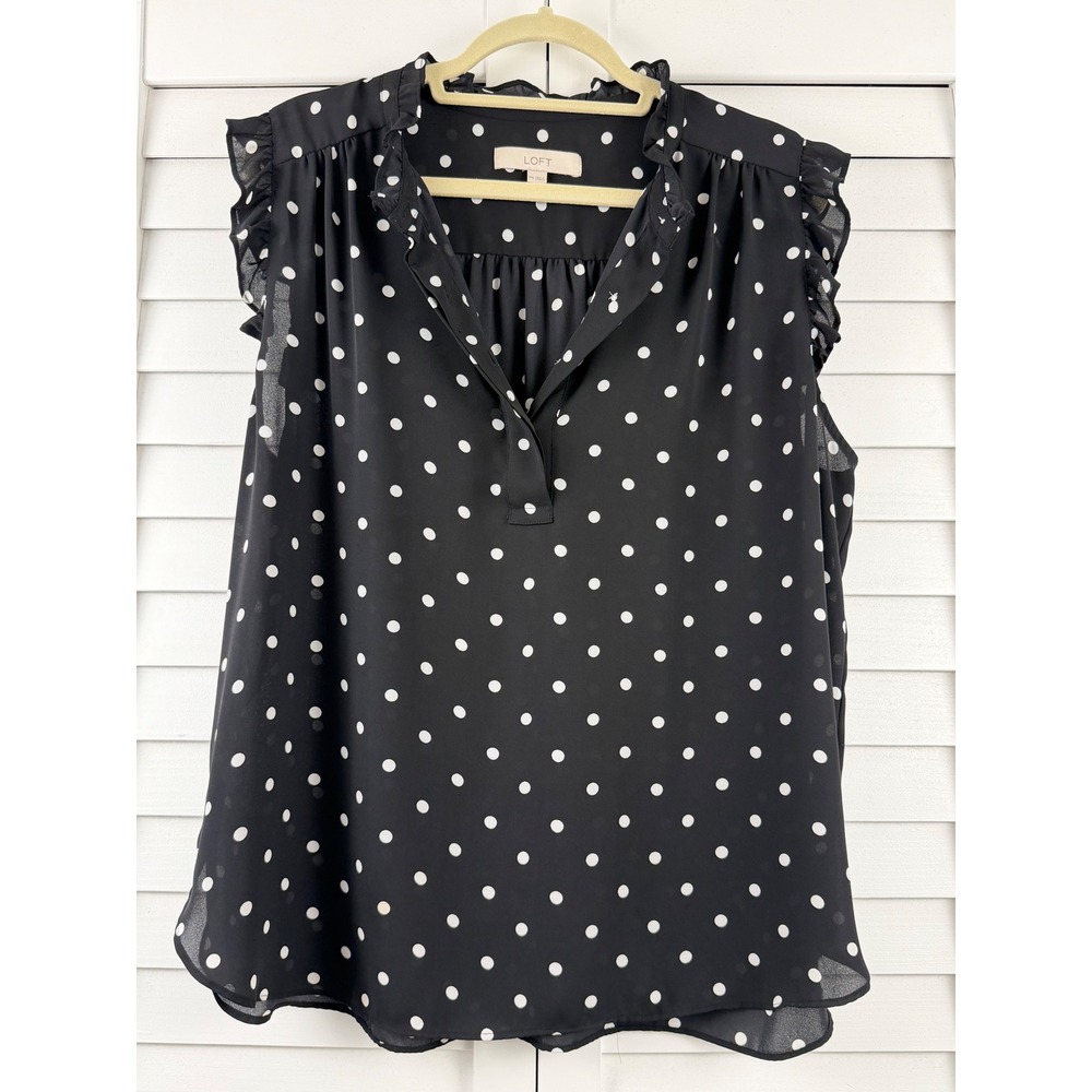 LOFT Blouse Women XXL Black Polka Dot Ruffle Sleeveless V-Neck